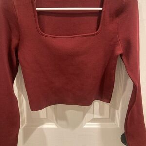 Zara Brown and Red Cropped Blouse Long Sleeve Fitted